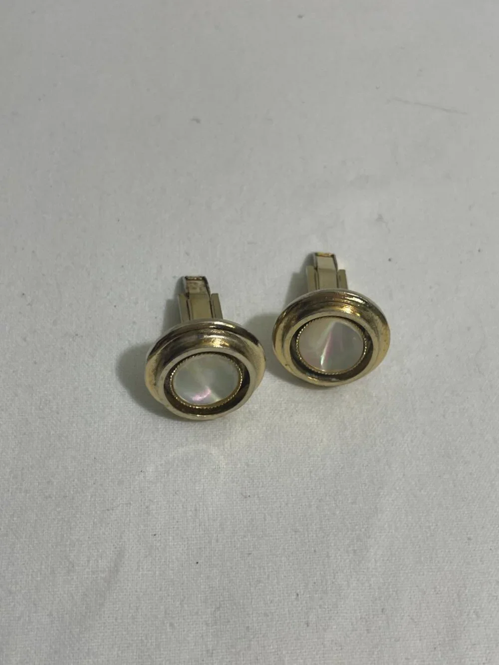 Vintage Gold Tone Mother of Pearl Round Cuff Links Pair Men's Dress Formal